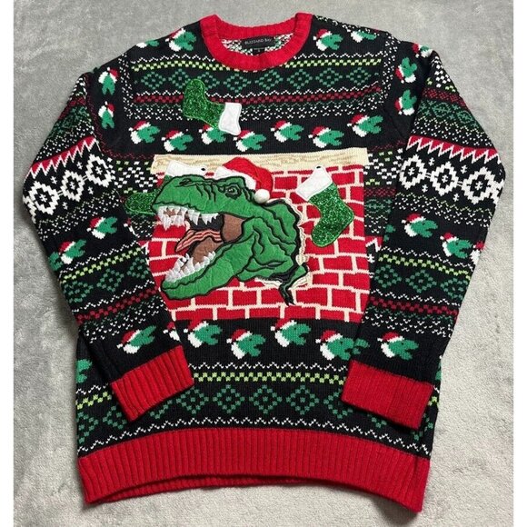 Blizzard Bay T-Rex Dinosaur Christmas Ugly Sweater Men’s Small Embellished - Picture 1 of 9